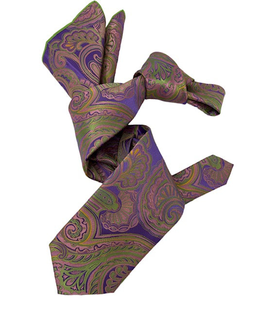 DMITRY 7-Fold Men's Purple Patterned Italian Silk Tie & Pocket Square Set