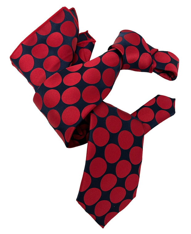 DMITRY 7-Fold Men's Red/Navy Polka Dot Italian Silk Tie & Pocket Square Set