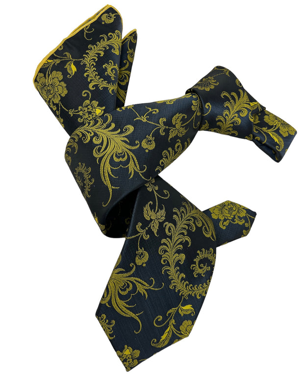 DMITRY 7-Fold Men's Dark Grey/Gold Patterned Italian Silk Tie & Pocket Square Set