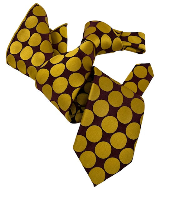 DMITRY 7-Fold Men's Gold/Burgundy Polka Dot Patterned Italian Silk Tie & Pocket Square Set