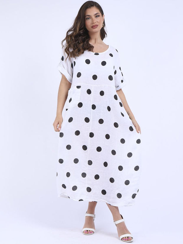 DMITRY Women's Made in Italy White Polka Dot Print Oversized Linen Dress