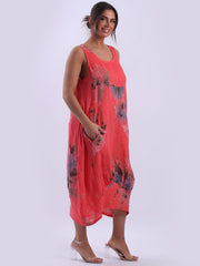 DMITRY Women's Made in Italy Coral Side Ribbed Linen Floral Tank Dress