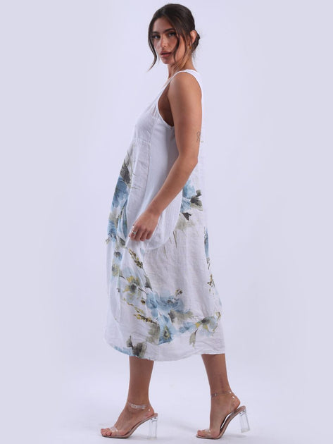 DMITRY Women's Made in Italy White Side Ribbed Linen Floral Tank Dress – Dmitry  Ties
