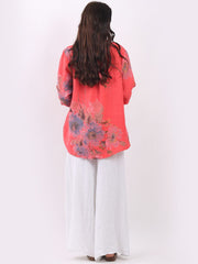 DMITRY Women's Made in Italy Buttons Down Hi-Lo Linen Coral Floral Top