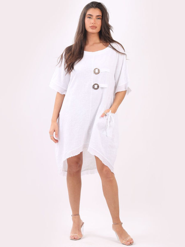 DMITRY Women's Made in Italy Linen Raw Edges White Dress