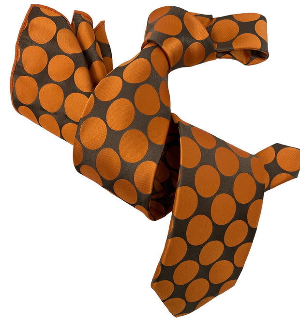 DMITRY 7-Fold Men's Orange Polka Dot Italian Silk Tie & Pocket Square Set
