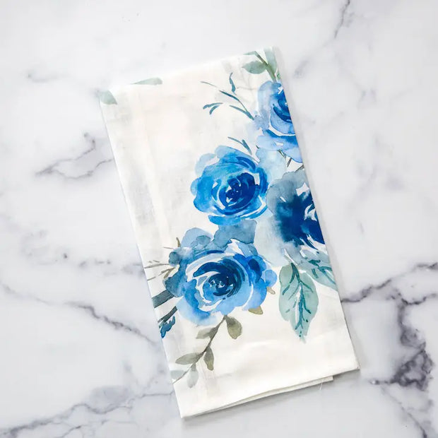 Blue Floral Watercolor Linen Tea Towel - Made in Italy