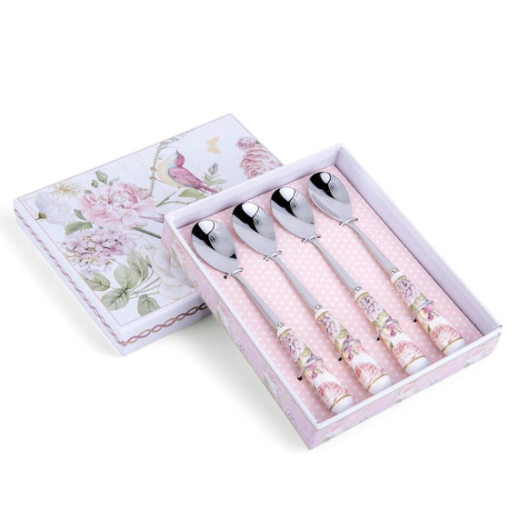 Floral Dessert Spoons with Ceramic Handles in Gift Box - Set of 4