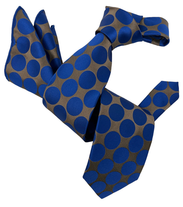 DMITRY 7-Fold Men's Royal Blue Polka Dot Italian Silk Tie & Pocket Square Set