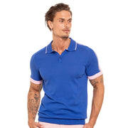 Men's Short Sleeve Knit Polo w/ Shoulder Design - Blue