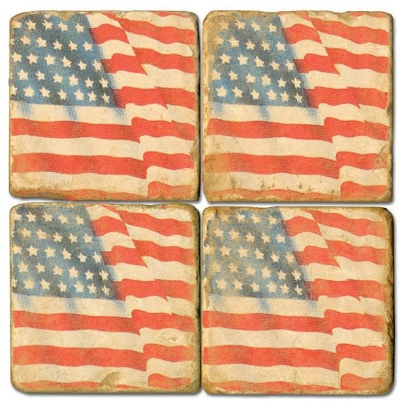 "American Flag" - Tumbled Marble Coasters Set of Four (4)