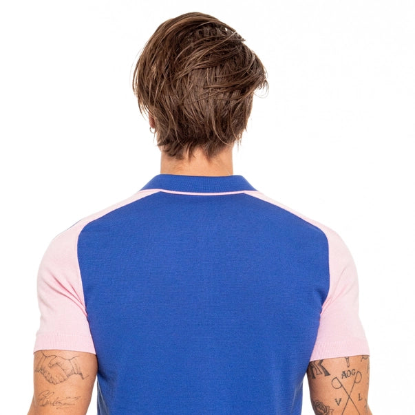 Men's Short Sleeve Knit Polo w/ Shoulder Design - Blue