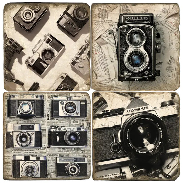 "Cameras" - Tumbled Marble Coasters Set of Four (4)