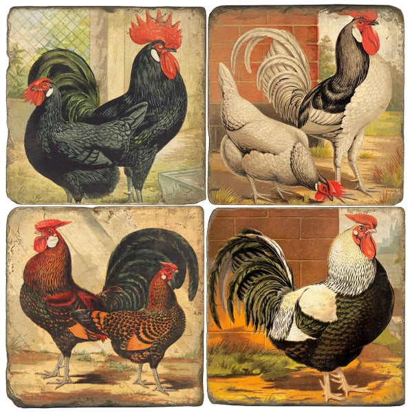 "Fancy Roosters" - Tumbled Marble Coasters Set of Four (4)