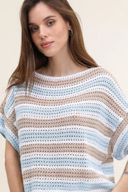 Women's Made in Italy Crochet Openwork Striped Short Sleeve Sweater