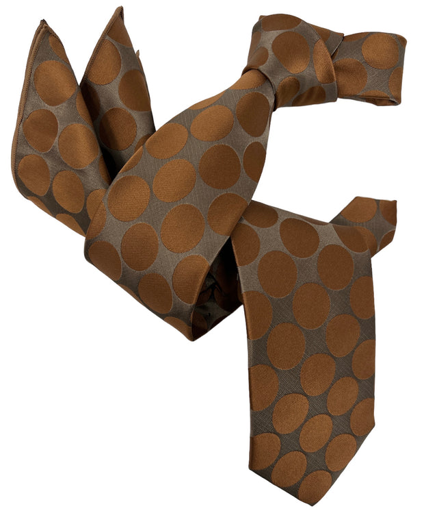 DMITRY 7-Fold Men's Brown Polka Dot Italian Silk Tie & Pocket Square Set