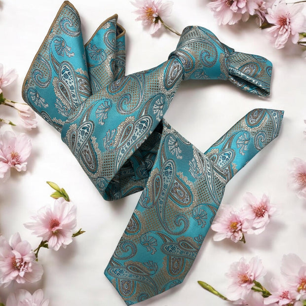 DMITRY Men's Turquoise Patterned Italian Silk Tie & Pocket Square