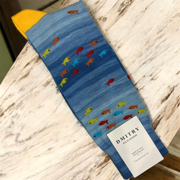 DMITRY Blue Patterned Made in Italy Mercerized Cotton Socks