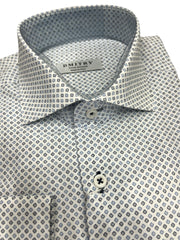 DMITRY White/Blue Patterned Italian Cotton Men's Long Sleeve Shirt (Online Exclusive)