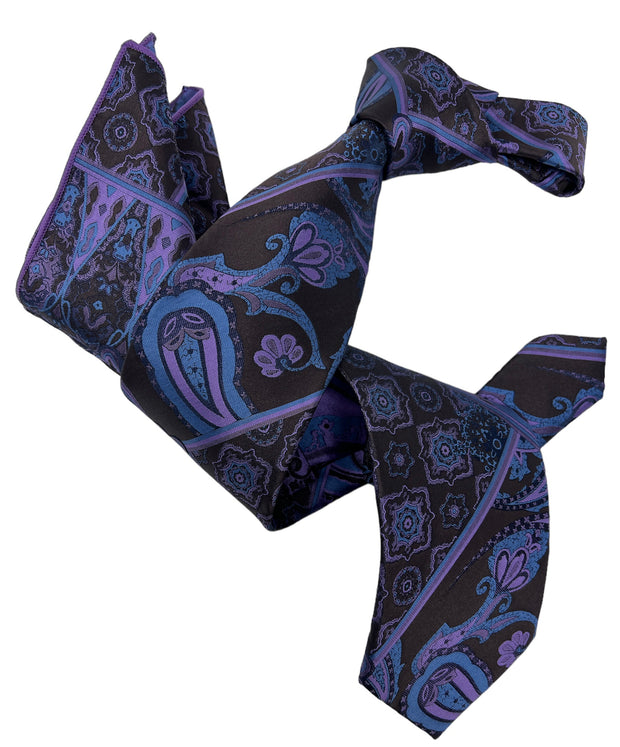 DMITRY 7-Fold Men's Brown/Purple Patterned Italian Silk Tie & Pocket Square Set