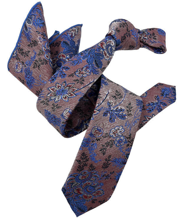 Dmitry Men's Blue/Red Patterned Italian Silk Semi Skinny Tie & Pocket Square Set