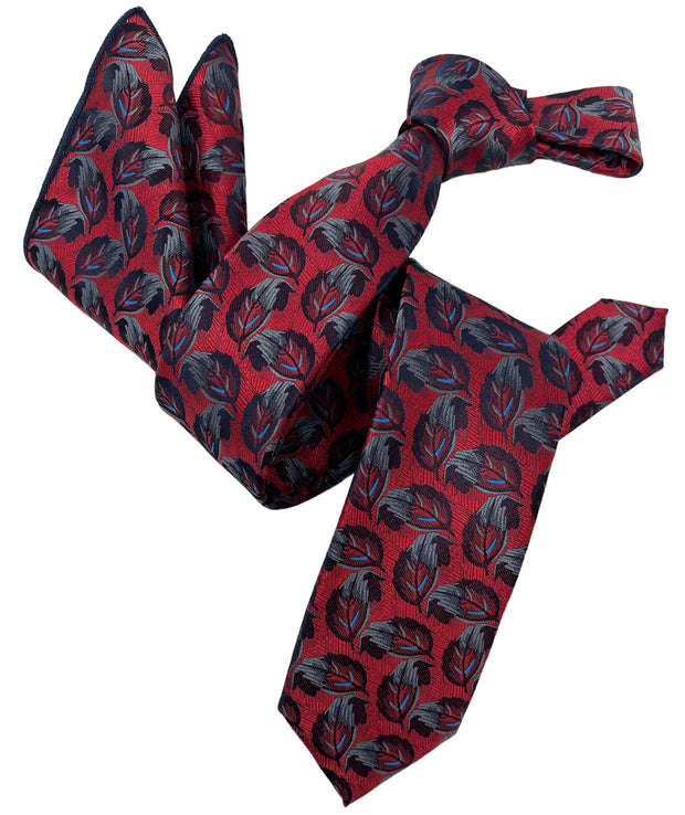 Dmitry Men's Red Patterned Italian Silk Semi Skinny Tie & Pocket Square Set