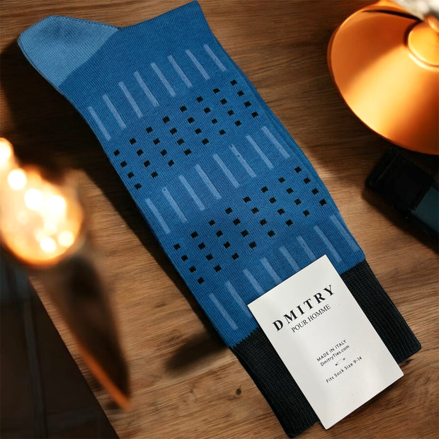 DMITRY Blue Patterned Made in Italy Mercerized Cotton Socks