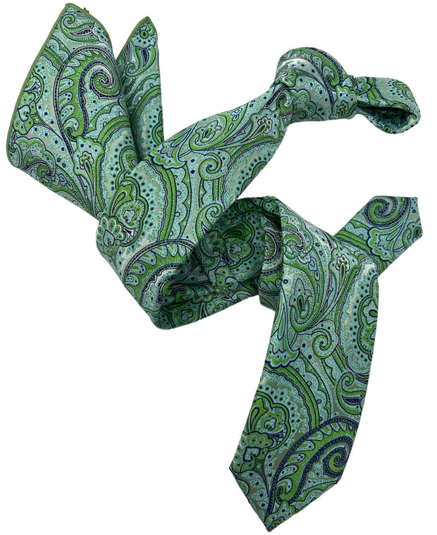 Dmitry Men's Green Patterned Italian Silk Semi Skinny Tie & Pocket Square Set