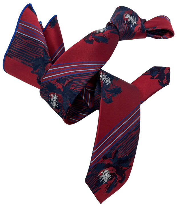 Dmitry Men's Red Patterned Italian Silk Semi Skinny Tie & Pocket Square Set