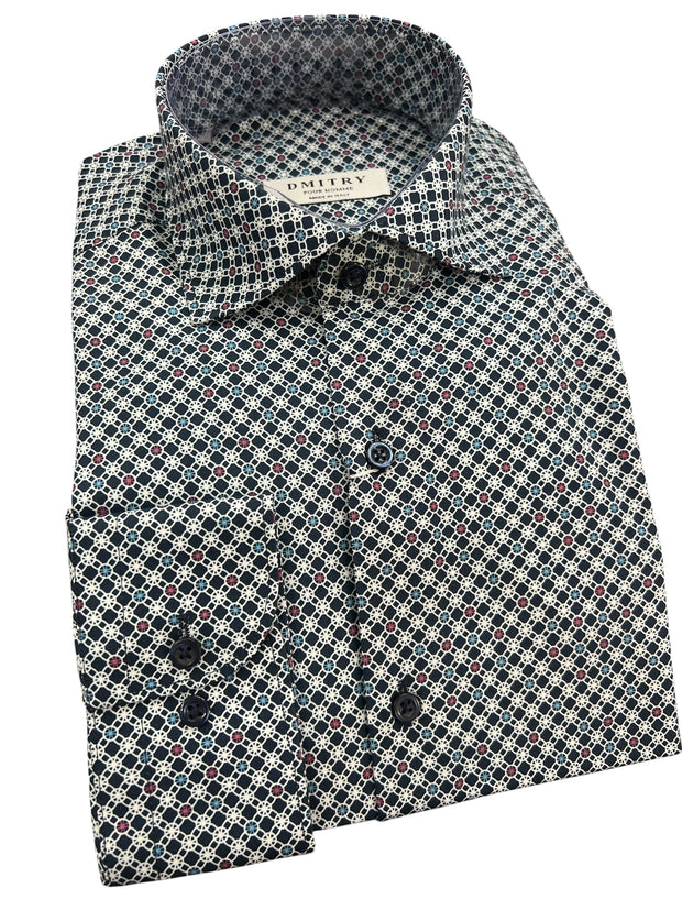 DMITRY Blue Patterned Italian Cotton Men's Long Sleeve Shirt (Online Exclusive)