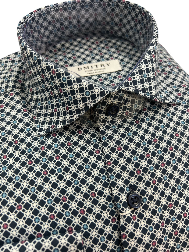 DMITRY Blue Patterned Italian Cotton Men's Long Sleeve Shirt (Online Exclusive)