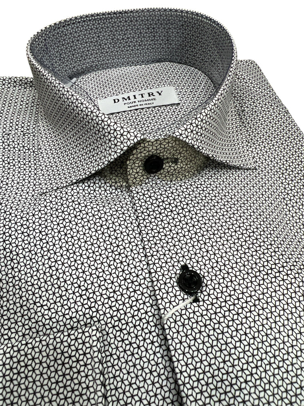 DMITRY White/Black Patterned Italian Cotton Men's Long Sleeve Shirt (Online Exclusive)