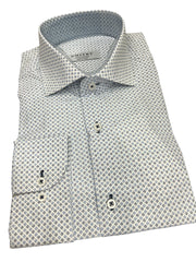 DMITRY White/Blue Patterned Italian Cotton Men's Long Sleeve Shirt (Online Exclusive)
