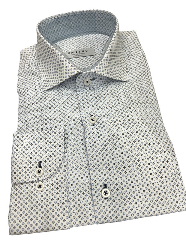 DMITRY White/Blue Patterned Italian Cotton Men's Long Sleeve Shirt (Online Exclusive)