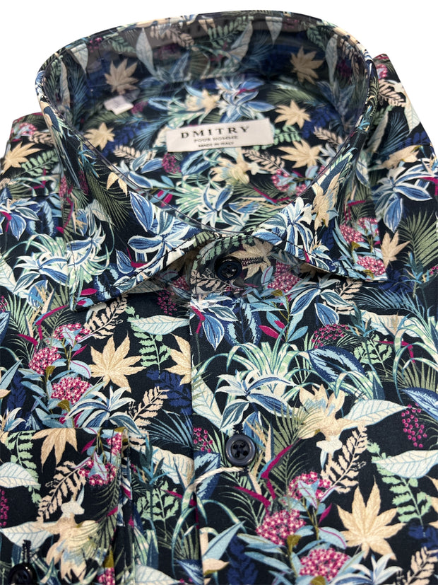 DMITRY Blue Patterned Italian Cotton Men's Long Sleeve Shirt (Online Exclusive)