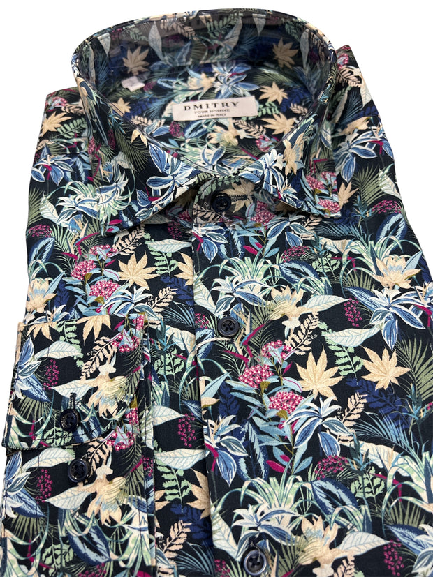 DMITRY Blue Patterned Italian Cotton Men's Long Sleeve Shirt (Online Exclusive)