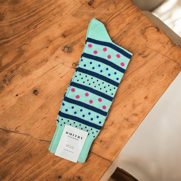DMITRY Turquoise Patterned Made in Italy Mercerized Cotton Socks