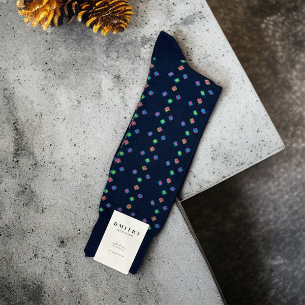 DMITRY Navy Patterned Made in Italy Mercerized Cotton Socks