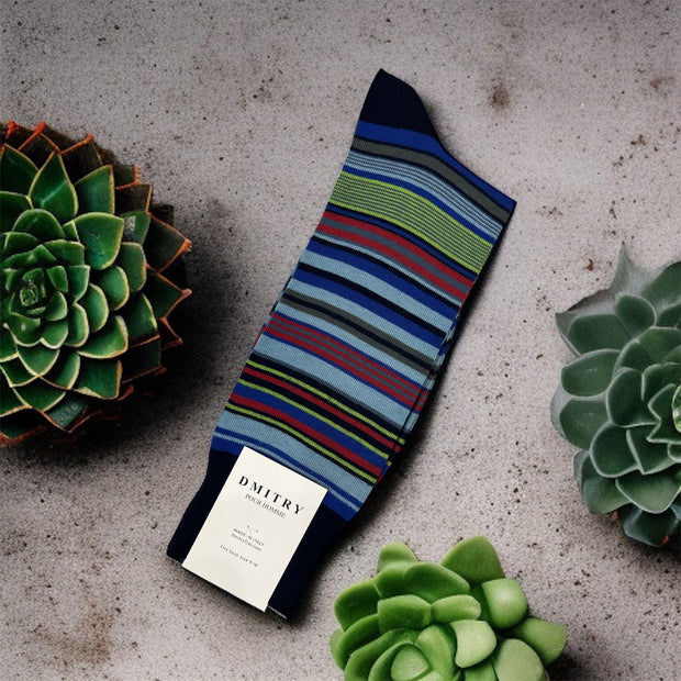 DMITRY Blue Patterned Made in Italy Mercerized Cotton Socks