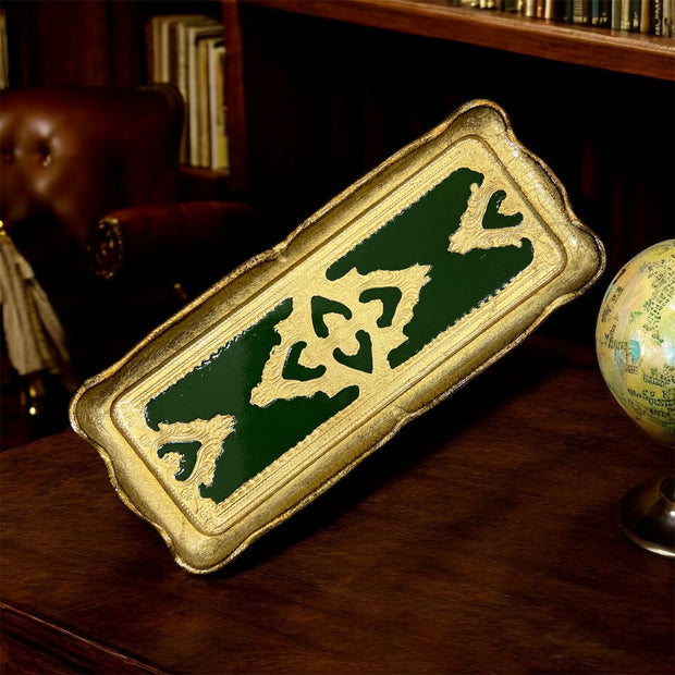 Made in Italy Dark Green Florentine Gilded Carved Wood Catch-All Tray