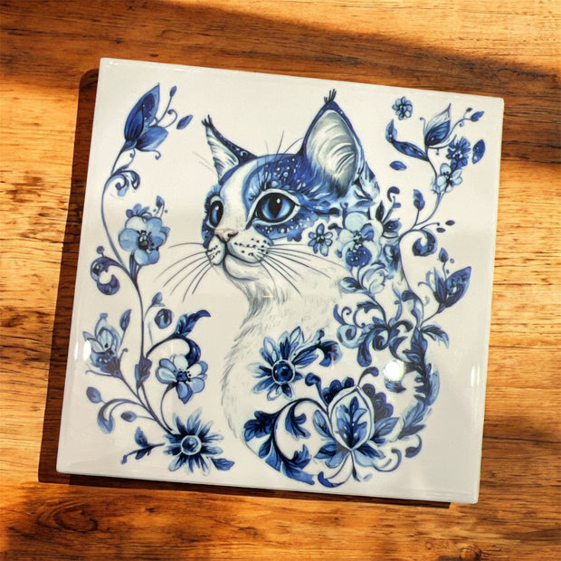 Blue Chinioserie Cat Square Ceramic Coaster