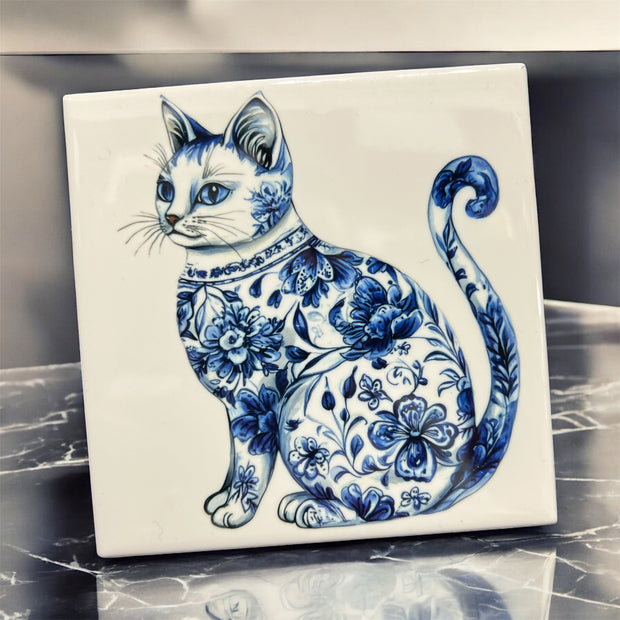 Blue Chinioserie Cat Square Ceramic Coaster