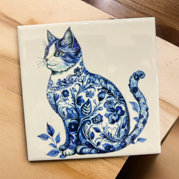 Blue Chinioserie Cat Square Ceramic Coaster