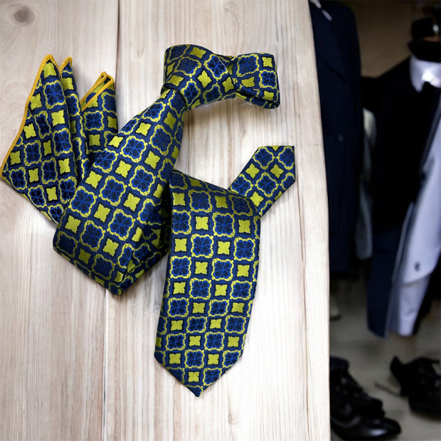 DMITRY Men's Green Patterned Italian Silk Semi Skinny Tie & Pocket Square Set