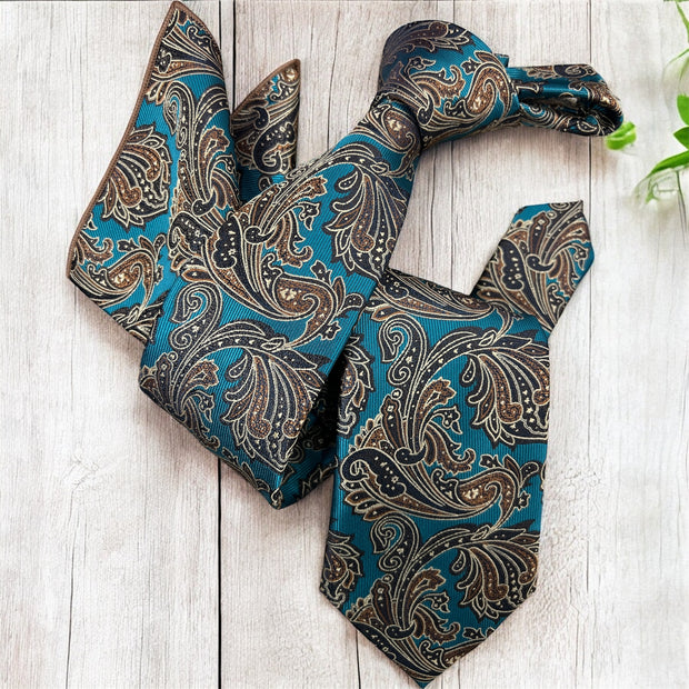 DMITRY Men's Teal/Brown Patterned Italian Silk Tie & Pocket Square Set - Limited Edition