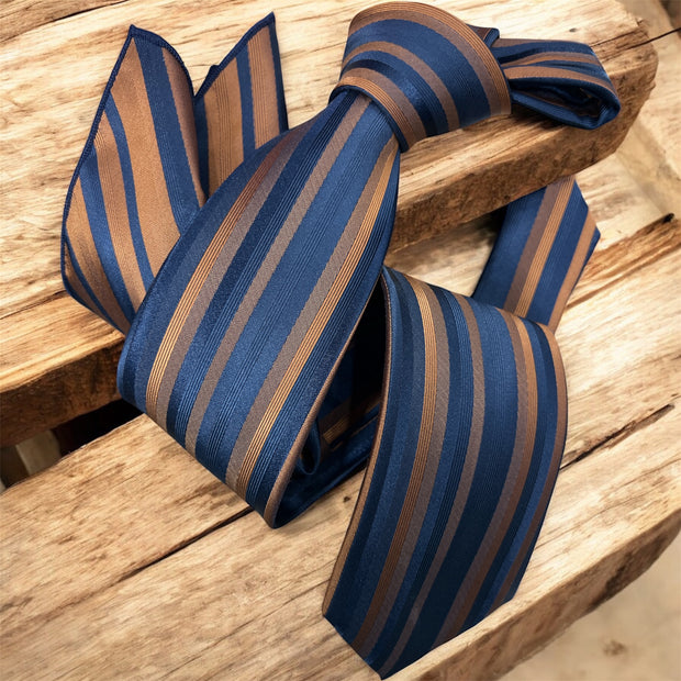 DMITRY Men's Navy/Brown Patterned Italian Silk Tie & Pocket Square Set - Limited Edition
