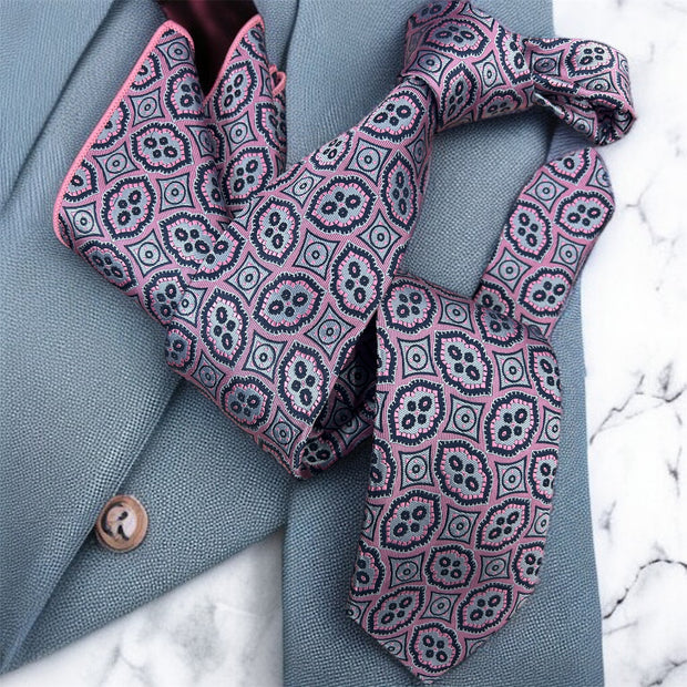 DMITRY Men's Pink Patterned Italian Silk Tie & Pocket Square Set - Limited Edition