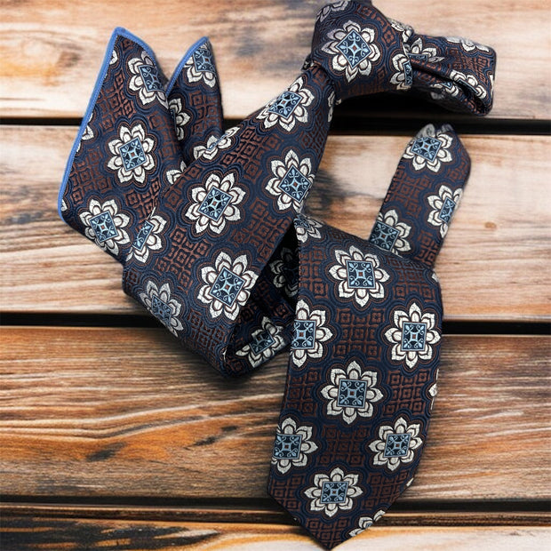 DMITRY Men's Brown Patterned Italian Silk Tie & Pocket Square Set - Limited Edition