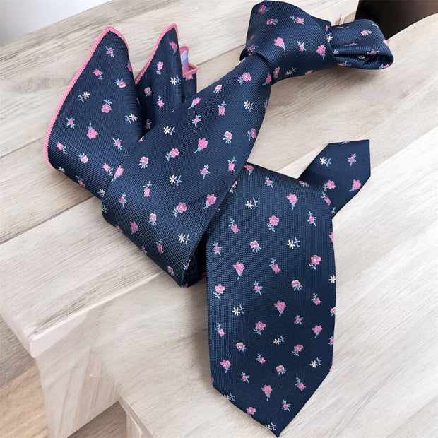 DMITRY Men's Navy Patterned Italian Silk Tie & Pocket Square Set - Limited Edition