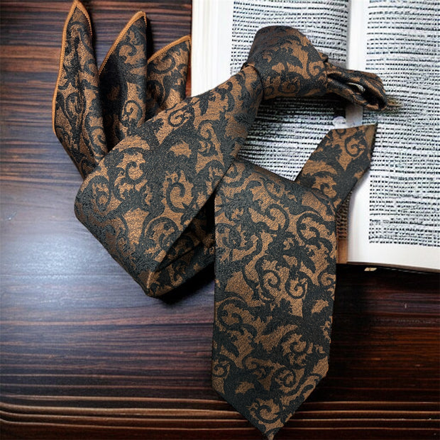 DMITRY Men's Bronze/Black Patterned Italian Silk Tie & Pocket Square Set - Limited Edition